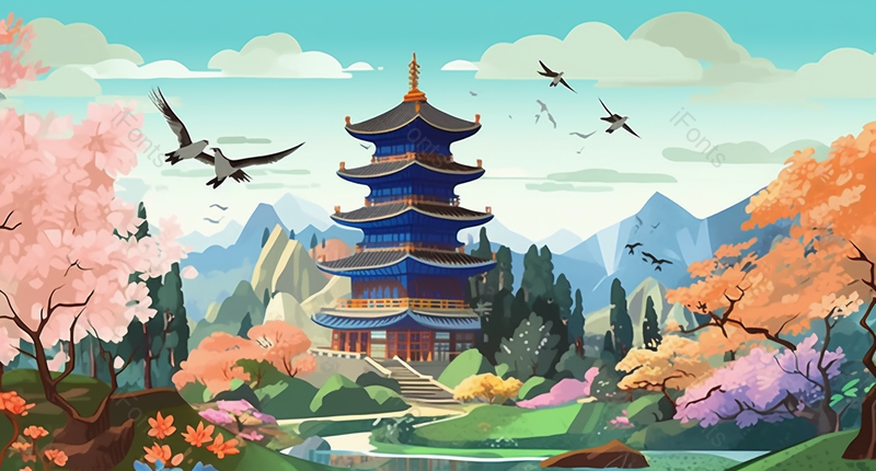 雨后晴天燕子高飞阁楼建筑亭子中国风国潮风插画,插画/手绘图,插画/手绘图库,插画/手绘图下载,插画/手绘